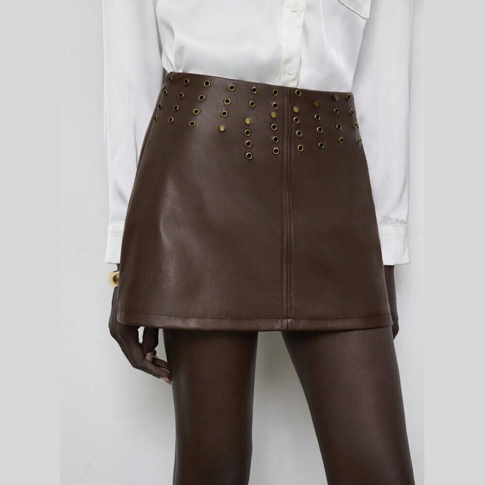 Brown Faux Leather Grommet Studded Mini Skirt